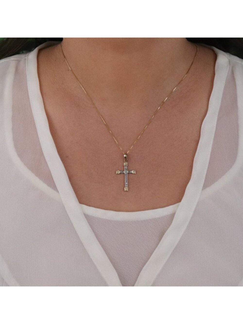 Pendant Only 14K White & Yellow Gold Diamond Cross Pendant 1 1/4" x 5/8" inch - Picture 2 of 7